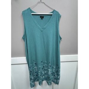 J. Jill Wearever Teal Green Floral Border Print V-Neck Sleeveless Tunic dress 3X